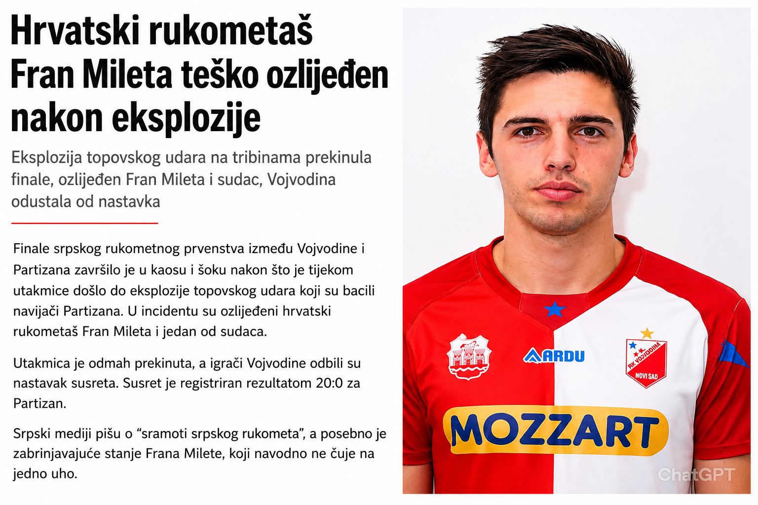 Hrvatski rukometaš Fran Mileta teško ozlijeđen nakon eksplozije